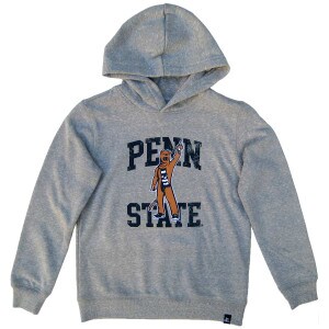 youth heather gray hooded sweatshirt with distressed printed Nittany Lion Mascot in front of Penn State